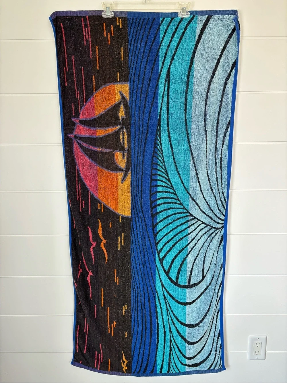 Two Vintage Reversible Woven Cotton Beach Towels with Sailboat Sunset 80s